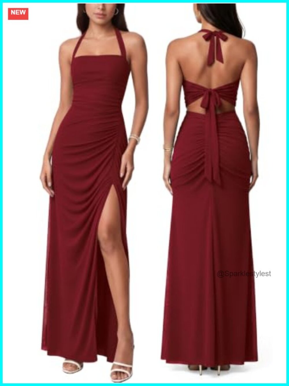 Women Sexy Mesh Halter Neck Tie Back Sleeveless Split Ruched Maxi Dress Party